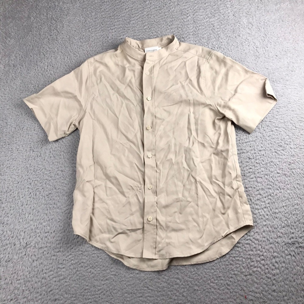 Cozy Earth Coastal Comfort Short Sleeve Banded Collar Shirt Mens S Sand Linen